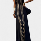 Dulce Vestido Largo Halter con Espalda Descubierta y Estampado Dorado