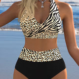 Bikini de Cintura Alta con Estampado de Leopardo y Cebra
