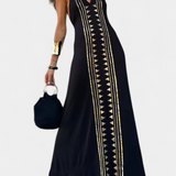 Dulce Vestido Largo Halter con Espalda Descubierta y Estampado Dorado