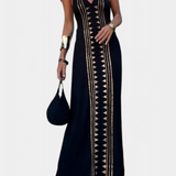 Dulce Vestido Largo Halter con Espalda Descubierta y Estampado Dorado