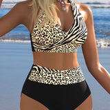 Bikini de Cintura Alta con Estampado de Leopardo y Cebra