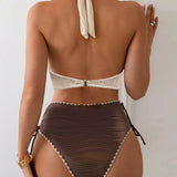 Conjunto de Bikini de Dos Piezas con Cuello Halter y Diseño de Colores en Contraste