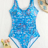 Bañador Con Escote Plisado Floral De Una Pieza