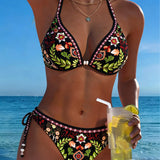 Bikini Estilo Étnico Floral Cuello Nudo Dos Piezas