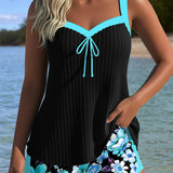 Tankini Con Escote En V Impreso Boxer Deportivo
