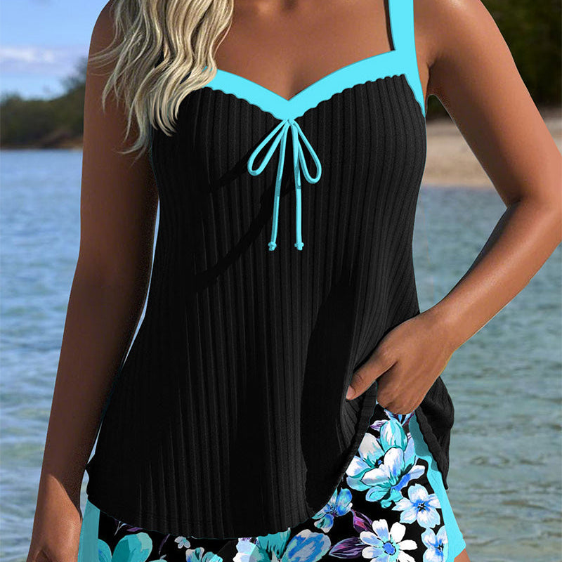 Tankini Con Escote En V Impreso Boxer Deportivo