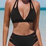 Conjunto de Bikini con Cortes, Cintura Alta y Diseño Halter