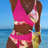 Bikini Floral de Contraste con Corte