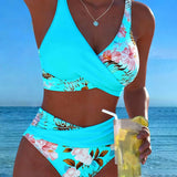 Bikini Floral de Contraste con Corte