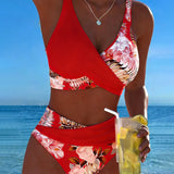 Bikini Floral de Contraste con Corte