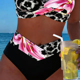 Bikini Leopardo Impreso Floral Contraste de Color