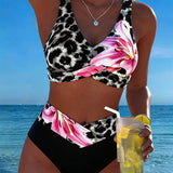 Bikini Leopardo Impreso Floral Contraste de Color
