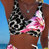Bikini Leopardo Impreso Floral Contraste de Color