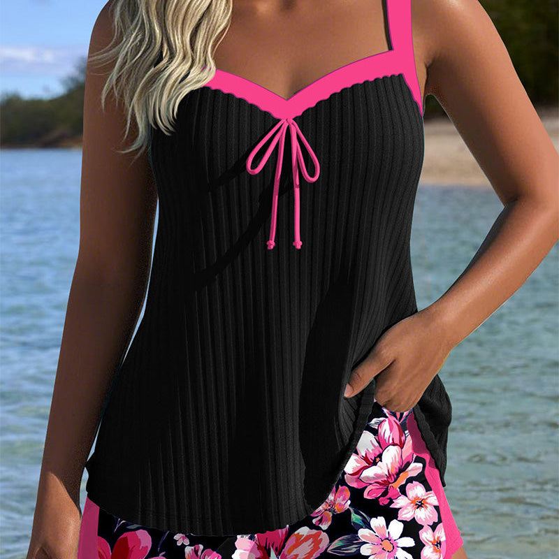 Tankini Con Escote En V Impreso Boxer Deportivo