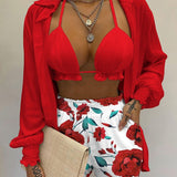 Conjunto de bikini de tres piezas con camisa de manga globo