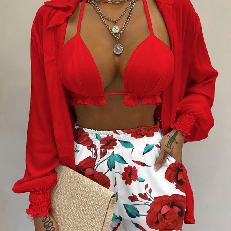 Conjunto de bikini de tres piezas con camisa de manga globo