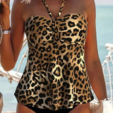 Tankini Dos Nu Escote A-Línea Impresión Leopardo Triángulo