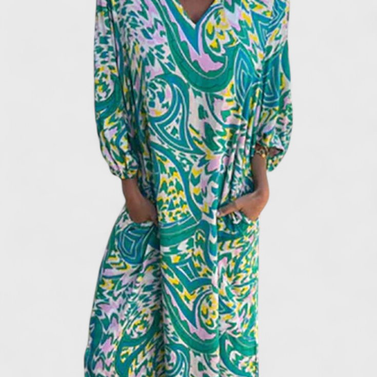 Carmina Vestido Maxi Bohemio con Escote en V y Estampado Abstracto