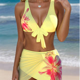 Bikini Con Estampado de Pétalos y Falda Estilo Dos Piezas