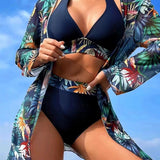 Conjunto de bikini impreso sexy con capa de baño