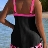 Tankini Con Escote En V Impreso Boxer Deportivo