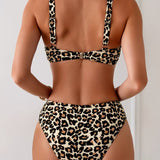 Bikini Col Cuadrado Sin Tirantes Leopardo Impreso