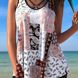 Tankini Sin Mangas Cubriendo El Cuerpo Impreso Boxer