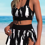 Bikini Tie-Dye Negro Blanco Contraste Falda Abierta
