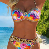 Bikini de Cuello Halter de Leopardo con Hebilla Metálica