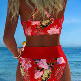 Bikini Floral de Contraste con Corte