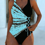Maillot de Baño de Una Pieza Color-Block con Lunares