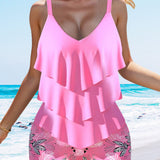 Tankini impreso con tirantes y volantes