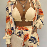 Conjunto de bikini de tres piezas con camisa de manga globo