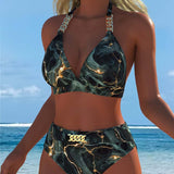 Bikini de Cintura Alta con Cadena y Sujetador Impreso