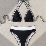 Bikini Sexy de Color Contrastado con Corte en Triángulo