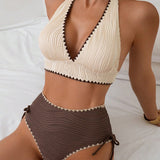 Conjunto de Bikini de Dos Piezas con Cuello Halter y Diseño de Colores en Contraste
