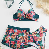 Maillot de baño casual con estampado floral de tres piezas