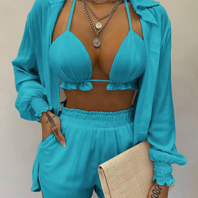 Conjunto de bikini de tres piezas con camisa de manga globo