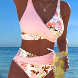Bikini Floral de Contraste con Corte