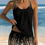 Maillot de Baño Brillante Sin Mangas y Parte Inferior de Bikini en Piezas Separadas