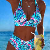 Bikini Impreso Con Escote de Nudo Dos Piezas
