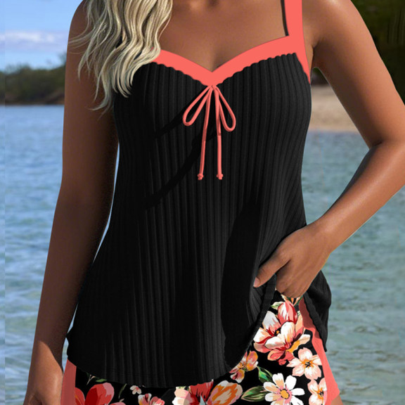 Tankini Con Escote En V Impreso Boxer Deportivo