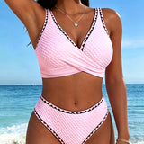 Bikini Contraste de Color Cuello en V Con Corte