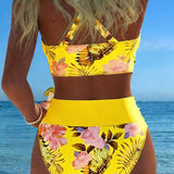 Bikini Floral de Contraste con Corte