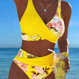 Bikini Floral de Contraste con Corte
