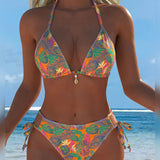 Bikini Halter con Escote Impreso