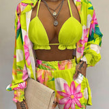 Conjunto de bikini de tres piezas con camisa de manga globo