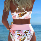 Bikini Floral de Contraste con Corte