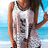 Tankini Sin Mangas Cubriendo El Cuerpo Impreso Boxer