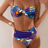 Bikini de Botón de Metal con Culotte de Cintura Alta Impresa